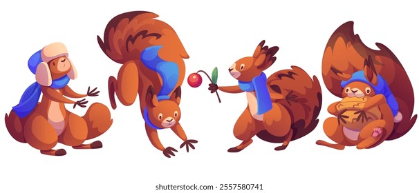 Cute squirrel character wearing winter scarf and hat in dynamic poses - sitting with paws out, climbing down, holding berry, hugging nut. Cartoon forest animal with orange fur and blue accessories.