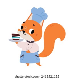 Cute Squirrel Chef Character in Toque Hold Cake Vector Illustration