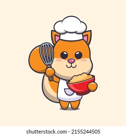 cute squirrel chef mascot cartoon character with cake dough