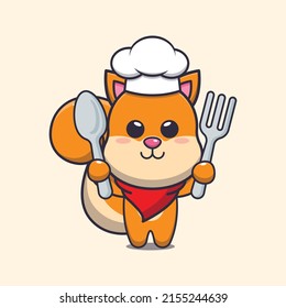 cute squirrel chef mascot cartoon character holding spoon and fork 
