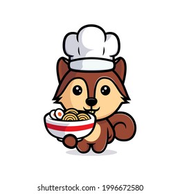 Cute squirrel chef with ramen noodle mascot character. Animal icon illustration