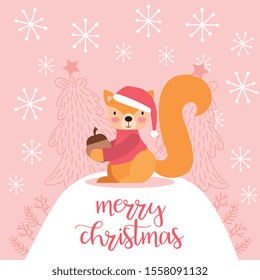 cute squirrel with christmas clothes and nut between frost. vector illustration