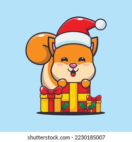Cute squirrel with christmas gift. Cute christmas cartoon illustration. 