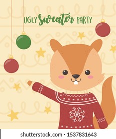 cute squirrel christmas ugly sweater party balls stars celebration vector illustration