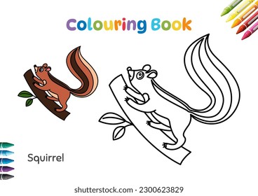 Cute squirrel climbing on tree. Colour book. Vector cartoon illustration