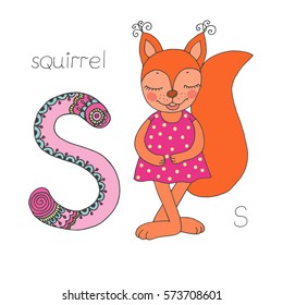 Cute squirrel with closed eyes in pink dress. Letter S of the kids alphabet with elements zentangle, doodling style for children education. Vector illustration on white background