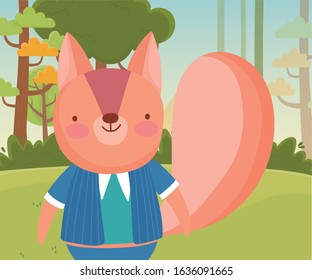 cute squirrel with clothes nature forest foliage landscape vector illustration