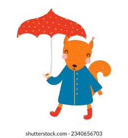 Cute squirrel in coat, boots, holding umbrella character illustration. Hand drawn animal, Scandinavian style flat design, isolated vector. Kids autumn, fall print, element, seasonal activity