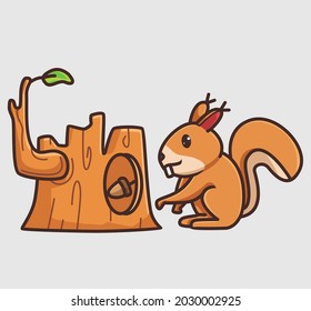 cute squirrel collect his nut on tree hole. cartoon animal nature concept Isolated illustration. Flat Style suitable for Sticker Icon Design Premium Logo vector. Mascot Character