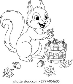  Cute Squirrel Collecting Acorns Cottagecore Coloring Page

