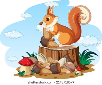 Cute squirrel collecting nuts illustration