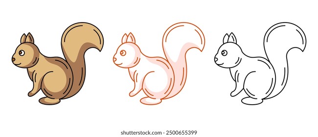 Cute squirrel, colorful and line icon set. Forest rodent, little animal, fall seasonal concept, vector flat outline icon, monochrome red and color illustration. For logo, sticker, coloring book, label