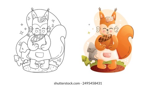 Cute Squirrel Coloring Page Black and White and Colored Versions. Childrens animals set. 
