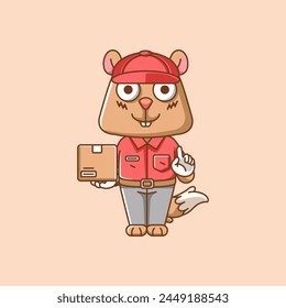 Cute squirrel courier package delivery animal chibi character mascot icon flat line art style illustration concept cartoon set