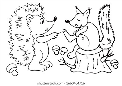 Cute squirrel is crying and a hedgehog is helping her. Black and white vector for coloring, for card or gift. 