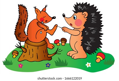 Cute squirrel is crying, sitting on a log and a hedgehog is helping her. Colored vector for card or gift. 