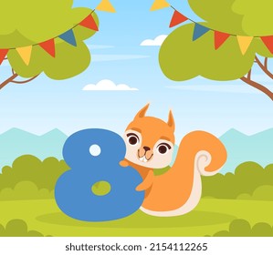 Cute Squirrel Cub Holding Eight Number Vector Illustration