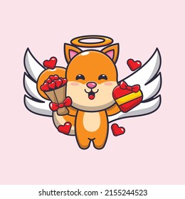 cute squirrel cupid cartoon character holding love gift and love bouquet