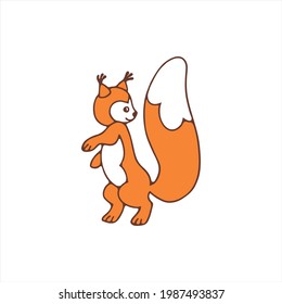 Cute squirrel in dancing pose with fluffy tail. Isolated vector illustration. Color cartoon character
