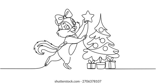 Cute squirrel decorating Christmas tree with star in minimalist one-line style, festive continuous line art illustration for holiday designs