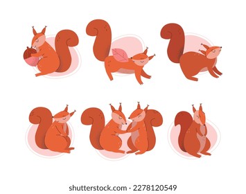 Cute squirrel in different poses set. Wild funny red fluffy animal cartoon vector illustration