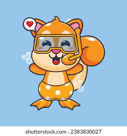 Cute squirrel diving cartoon mascot character illustration. Cute summer cartoon illustration. 