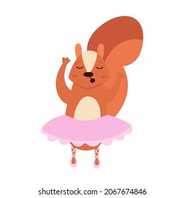 A cute squirrel is doing ballet in a pink tutu. Vector flat illustration.