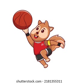 Cute squirrel doing lay ups in playing basketball.