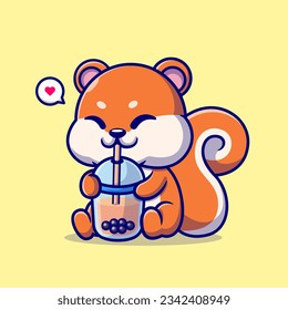 Cute Squirrel Drinking Boba Milk Tea Cartoon Vector Icon Illustration. Animal Drink Icon Concept Isolated Premium Vector. Flat Cartoon Style