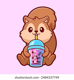 Cute Squirrel Drinking Boba Milk Tea Cartoon Vector Icon Illustration. Animal Drink Icon Concept Isolated Premium Vector. Flat Cartoon Style