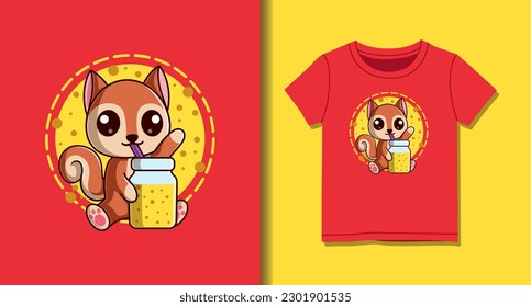 Cute Squirrel Drinking Smoothie Vector Cartoon Illustration for T-Shirt Design