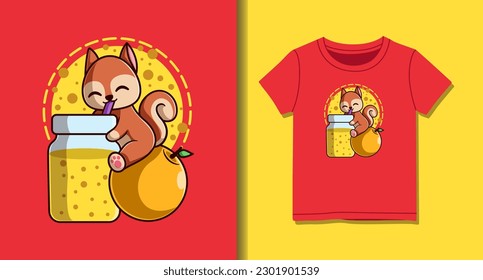 Cute Squirrel Drinking Smoothie Vector Cartoon Illustration for T-Shirt Design