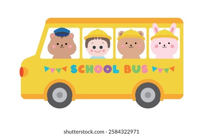 Cute squirrel driver, kindergarten children, bear and rabbit riding on yellow school bus.