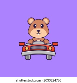 Cute squirrel is driving. Animal cartoon concept isolated. Can used for t-shirt, greeting card, invitation card or mascot.