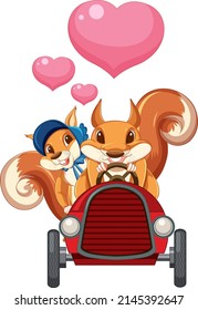 Cute squirrel driving red car illustration