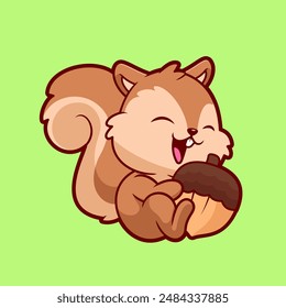 Cute Squirrel Eating Acorn Cartoon Vector Icon Illustration. Animal Food Icon Concept Isolated Premium Vector. Flat Cartoon Style