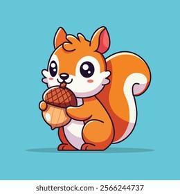 Cute Squirrel Eating Acorn Cartoon Vector Icon Illustration. Animal Food Icon Concept Isolated Premium Vector. Flat Cartoon Style