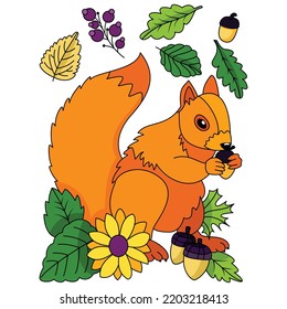 Cute squirrel eating acorns seeds flowers leaves Autumn Fall season coloring illustration pages