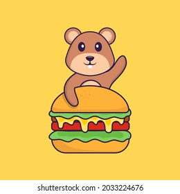 Cute squirrel eating burger. Animal cartoon concept isolated. Can used for t-shirt, greeting card, invitation card or mascot.