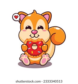 cute squirrel eating donut cartoon vector illustration.