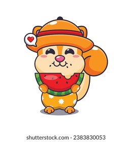 Cute squirrel eating fresh watermelon cartoon illustration. Cute summer cartoon illustration. 