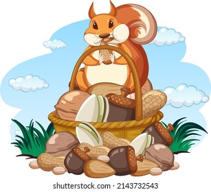 Cute squirrel eating nut from basket illustration