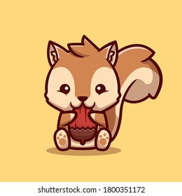 Cute Squirrel Eating Nut Cartoon Vector Icon Illustration. Animal Food Icon Concept Isolated Premium Vector. Flat Cartoon Style