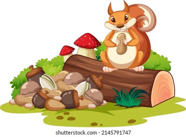 Cute squirrel eating nut on the log illustration