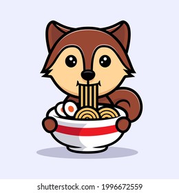 Cute squirrel eating ramen mascot character. Animal icon illustration
