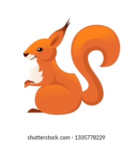 Cute squirrel. Family Sciuridae. Cartoon animal design. Flat vector illustration isolated on white background. Forest inhabitant. Wild animal with red fur.