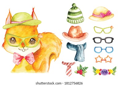 Cute squirrel with fashion accessories in editable water colour style vector illustration 