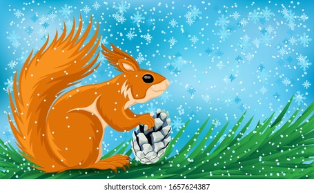 Cute squirrel with a fir cone sits on a branch on a winter background.