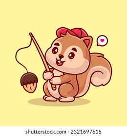 Cute Squirrel Fishing Acorn Cartoon Vector Icon Illustration. Animal Food Icon Concept Isolated Premium Vector. Flat Cartoon Style