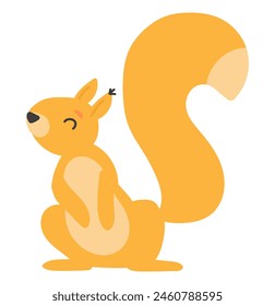 Cute squirrel in flat design. Happy forest rodent animal with big tail. Vector illustration isolated.